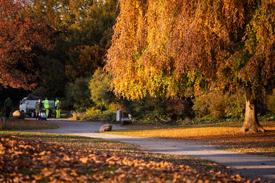 A gardener wearing a lime green long-sleeved shirt, dark blue trousers, and black rubber boots is operating a leaf blower to clear fallen leaves and grass clippings along a well-maintained lawn. The s